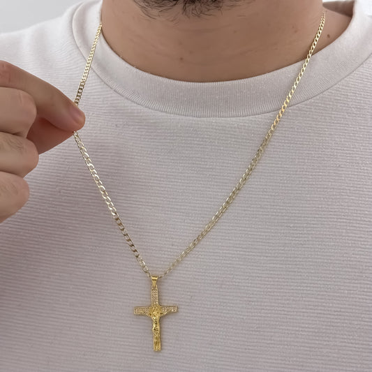 Cadena Tejido Cubana de Hombre 60CM  de 3MM de Grosor Mediano + Cruz San Benito Protección en Oro Laminado 18k con Garantía de por vida en mismo color de Oro de 18k